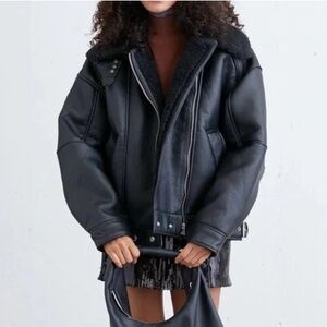 Oak + Fort Women's Black faux Leather Sherpa Jacket